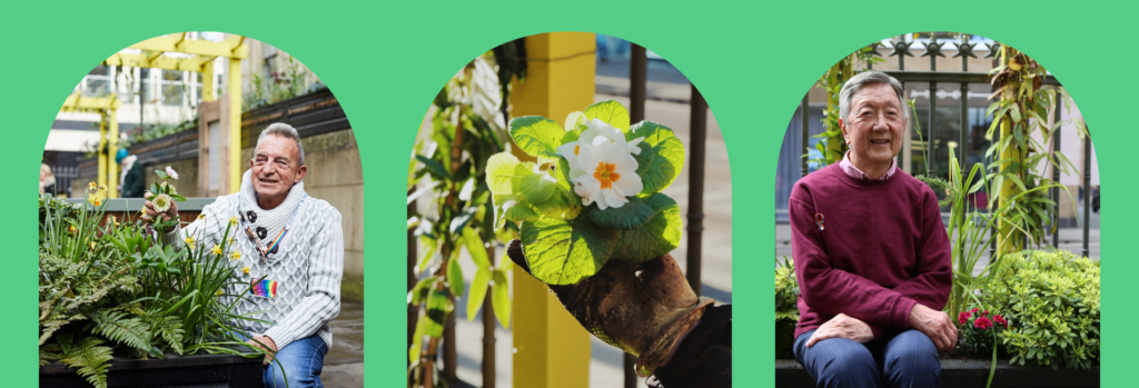 A green banner shows three archway portraits of older LGBTQ+ people in the derek jarman pocket garden