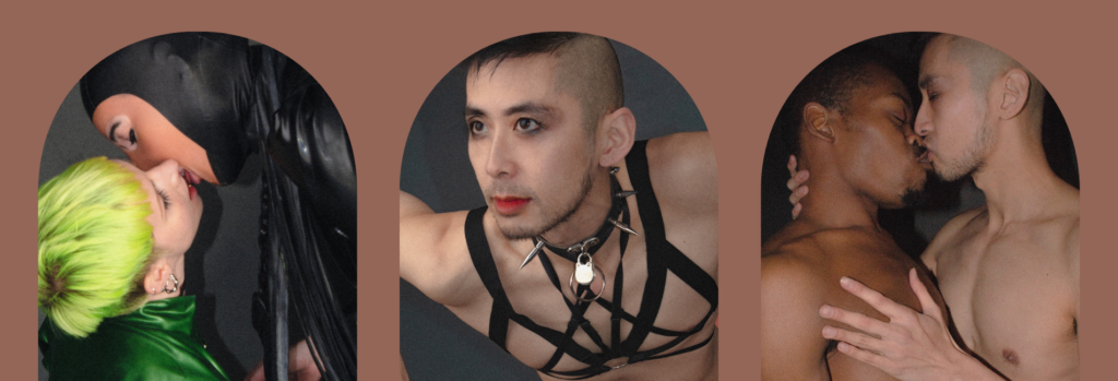 Three images are shown in archway frames against a brown background the images show queer couples and people of different ages, gender identities, sexualities and race in embrace with one another kissing